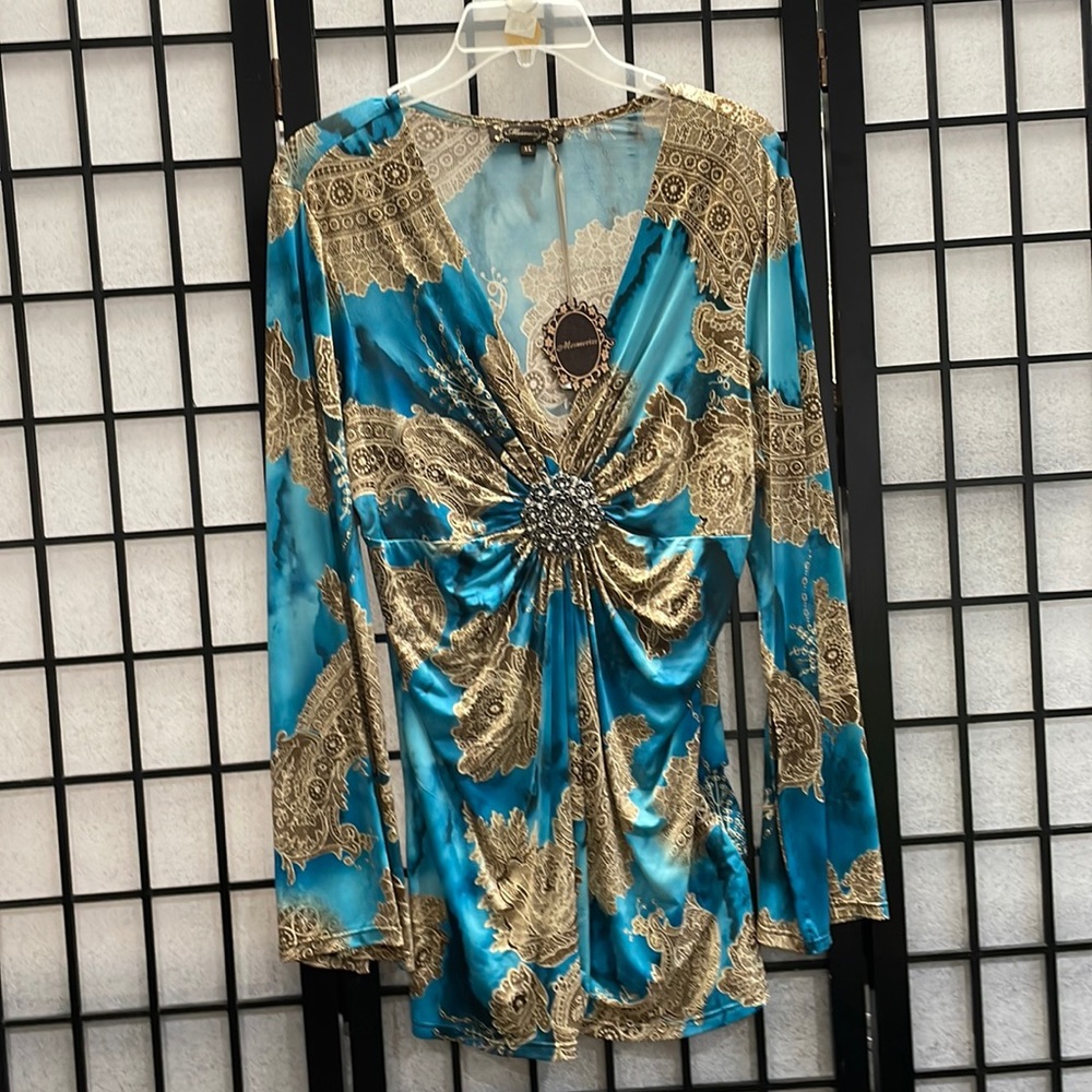 Mesmerize Blouse, Blues, Brown, Tan SZ XL  NWT